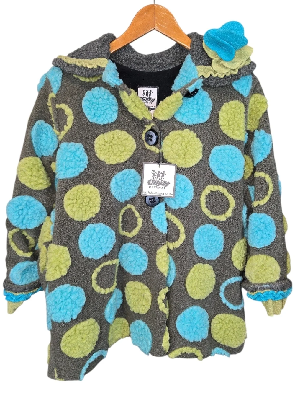 Corky & Company Girls Swing Coat NWT Polka Dot Fleece Jacket w/ Hat Size 8